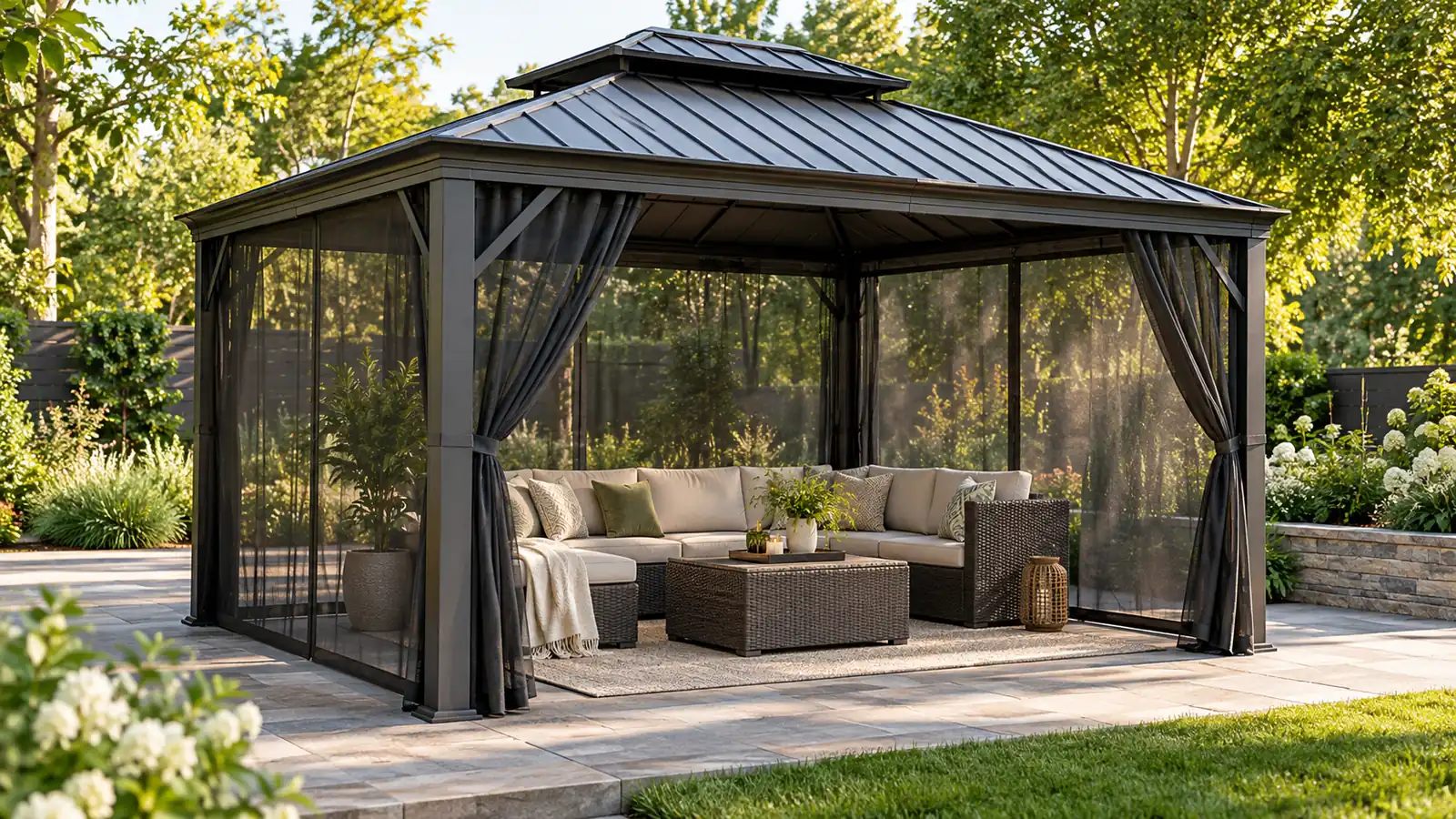 Illustrative gazebo scene: hardtop gazebos with netting