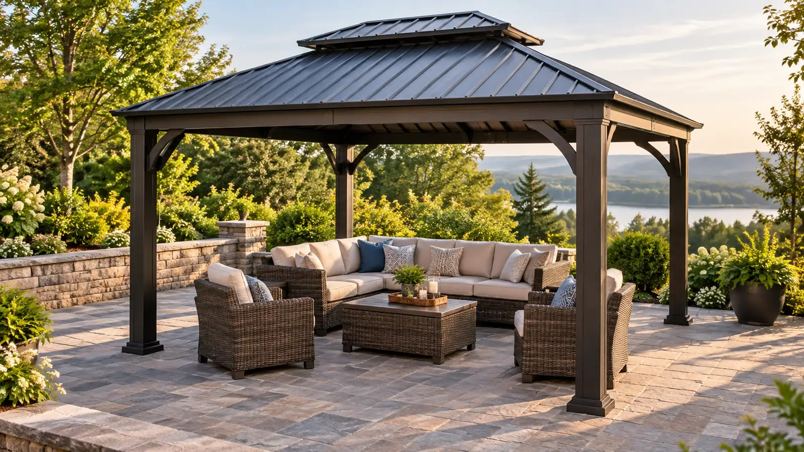 Illustrative gazebo scene: hardtop gazebos with metal roofs