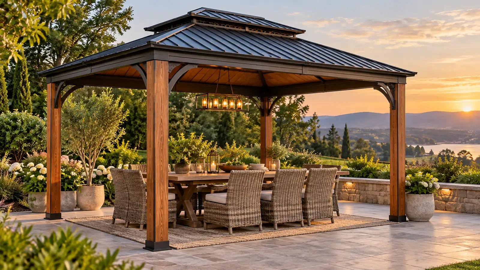 Illustrative gazebo scene: wood grain hardtop gazebos