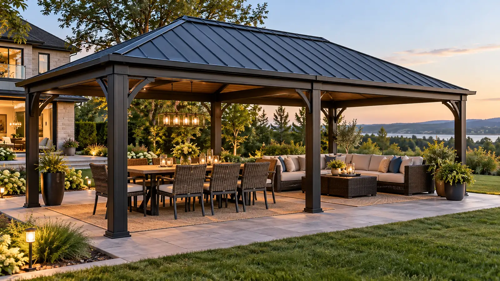 Illustrative gazebo scene: large hardtop gazebos