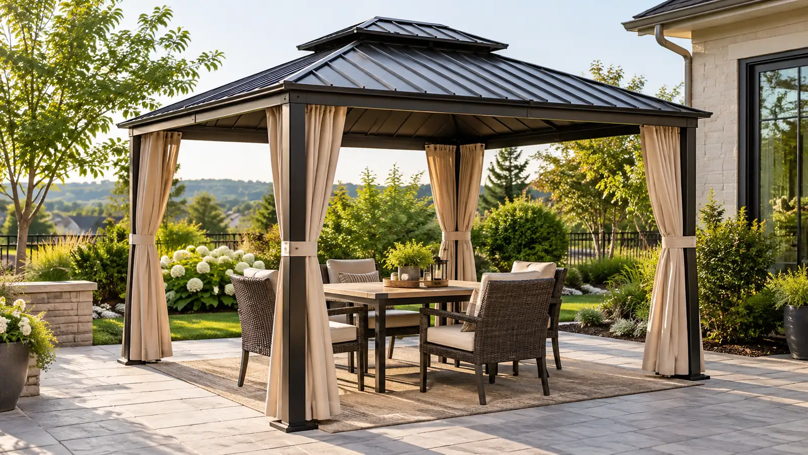 Illustrative gazebo scene: 10x12 hardtop gazebos
