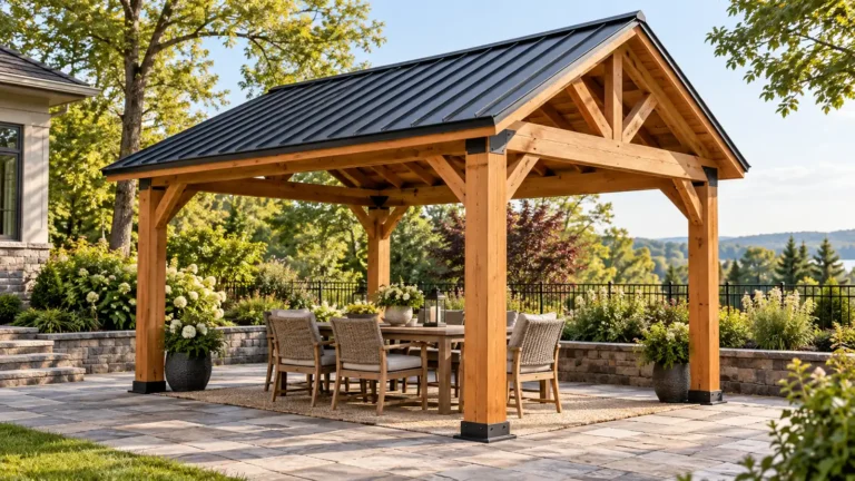 Illustration of a cedar-frame gazebo with a black steel roof on a garden patio