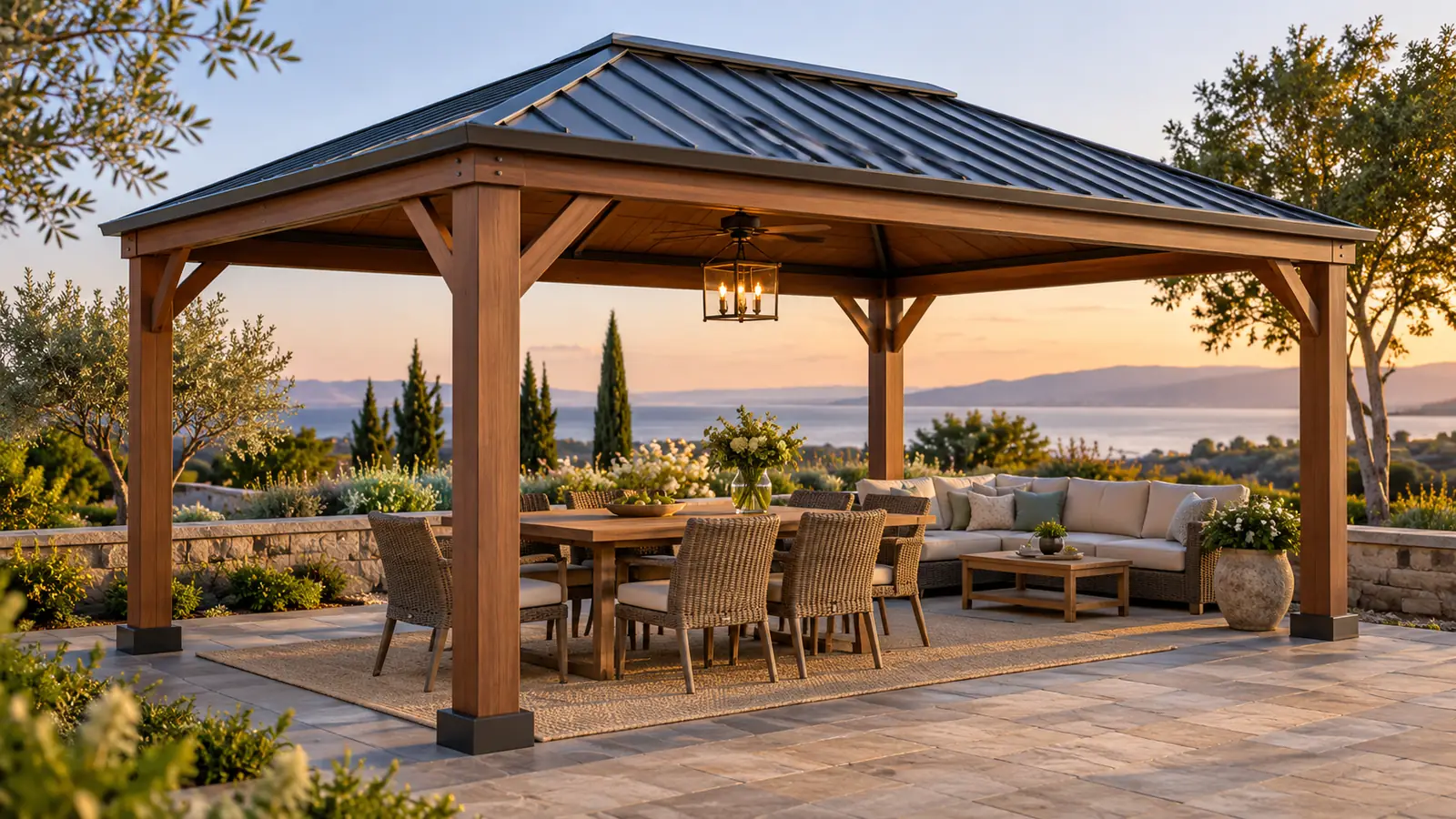 Illustrative gazebo scene: 12x16 soft top gazebos